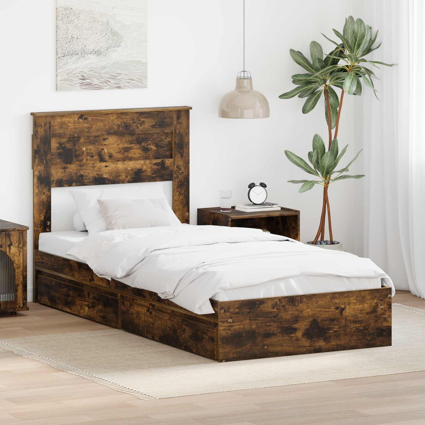 vidaXL Storage Bed with Drawer Smoked Oak 100 x 200 cm Engineered Wood