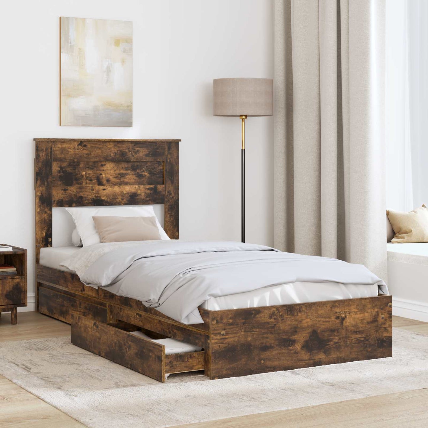 vidaXL Storage Bed with Drawer Smoked Oak 90 x 200 cm Engineered Wood
