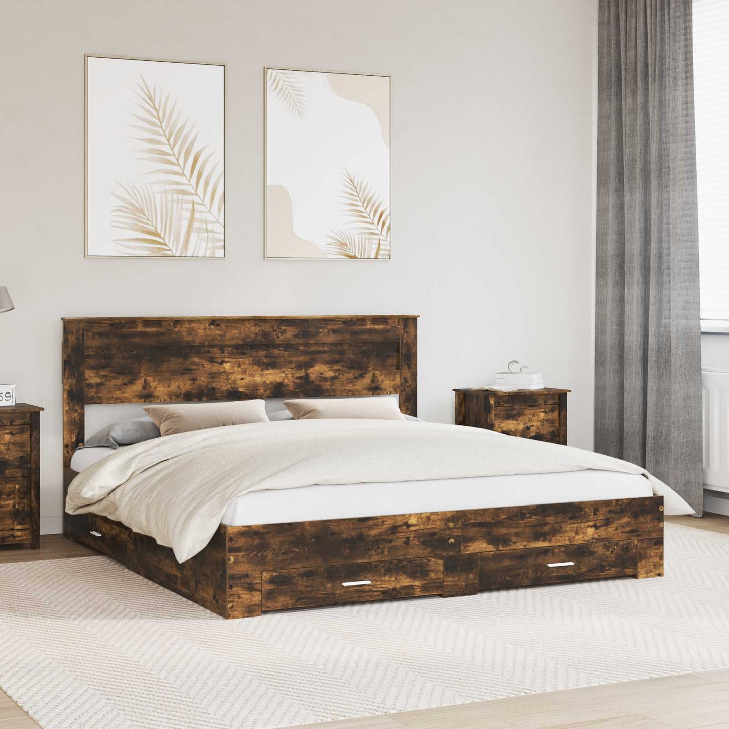 vidaXL Bed Frame with Drawer Smoked Oak 200 x 200 cm Engineered Wood