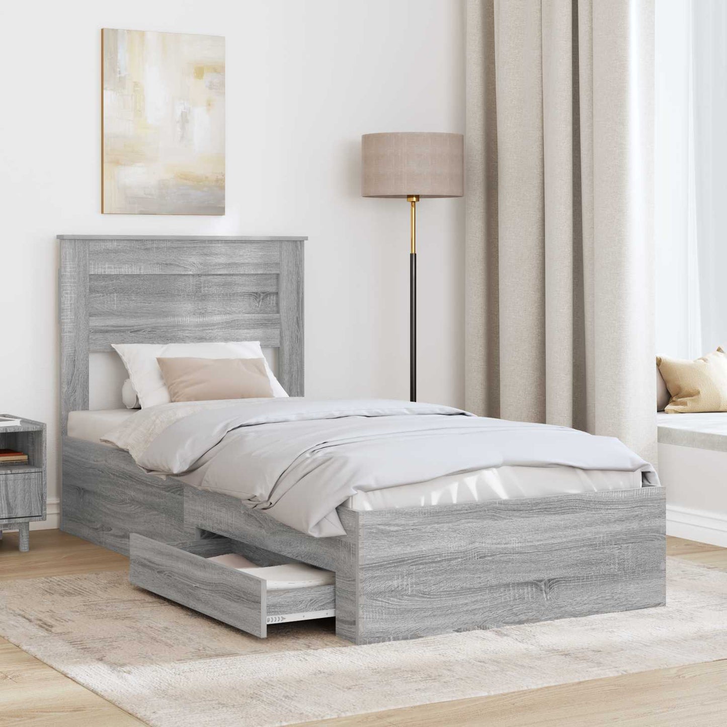 vidaXL Bed Frame with Drawer Grey Sonoma 90 x 190 cm Engineered Wood