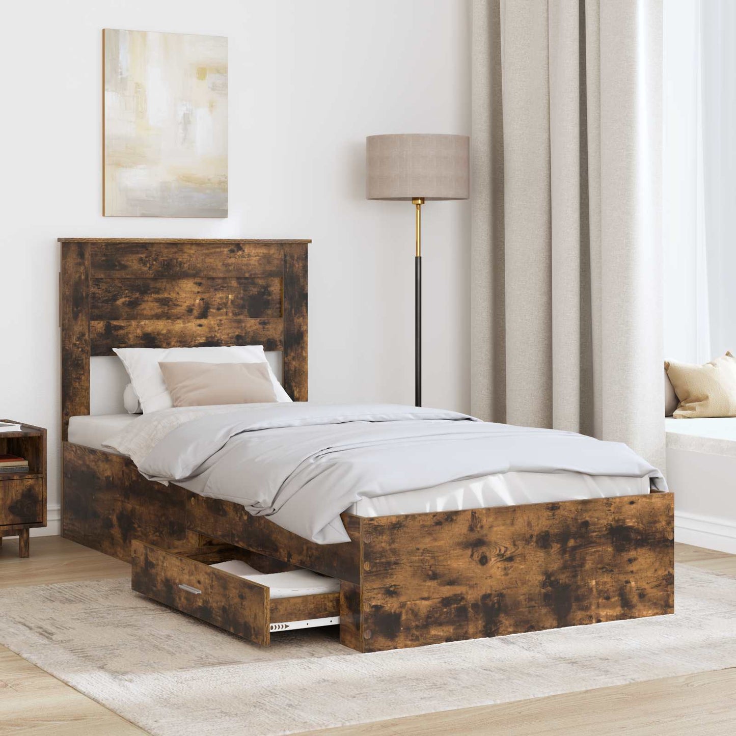 vidaXL Bed Frame with Headboard Smoked Oak 90 x 200 cm Engineered Wood