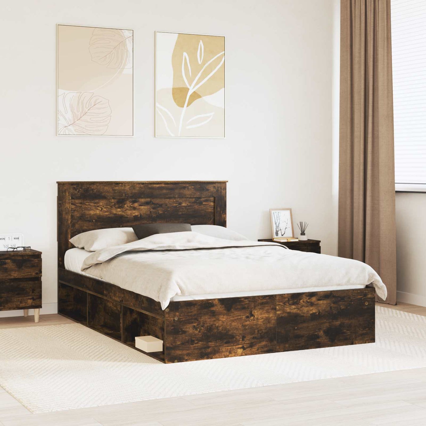 vidaXL Bed Frame with Drawer Smoked Oak 150 x 200 cm Solid Pine Wood