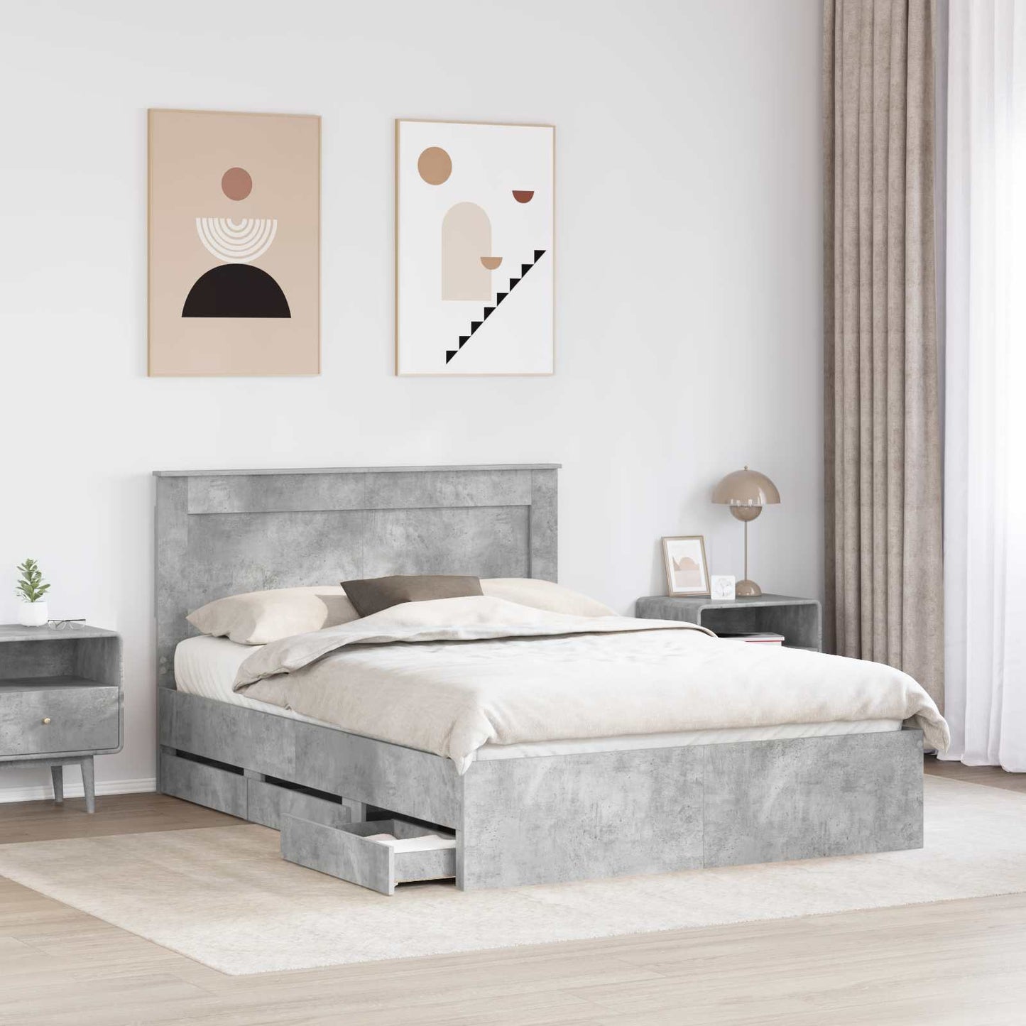 vidaXL Bed Frame with Drawer Concrete Grey 150 x 200 cm Engineer Wood