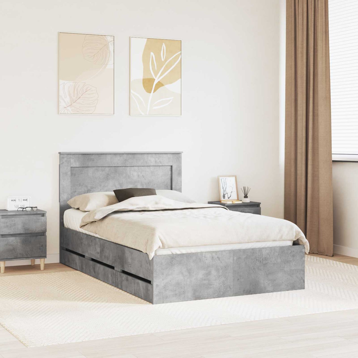vidaXL Bed Frame with Drawer Concrete Grey 135 x 190 cm Engineer Wood