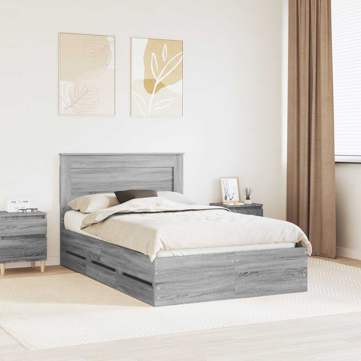 vidaXL Bed Frame with Drawer Grey Sonoma 120 x 190 cm Engineer Wood