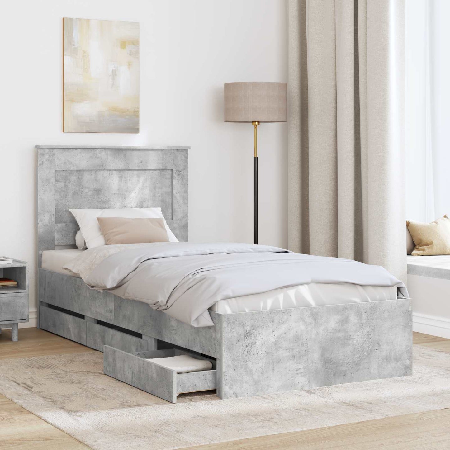 vidaXL Bed Frame with Drawer Concrete Grey 90 x 200 cm Engineer Wood
