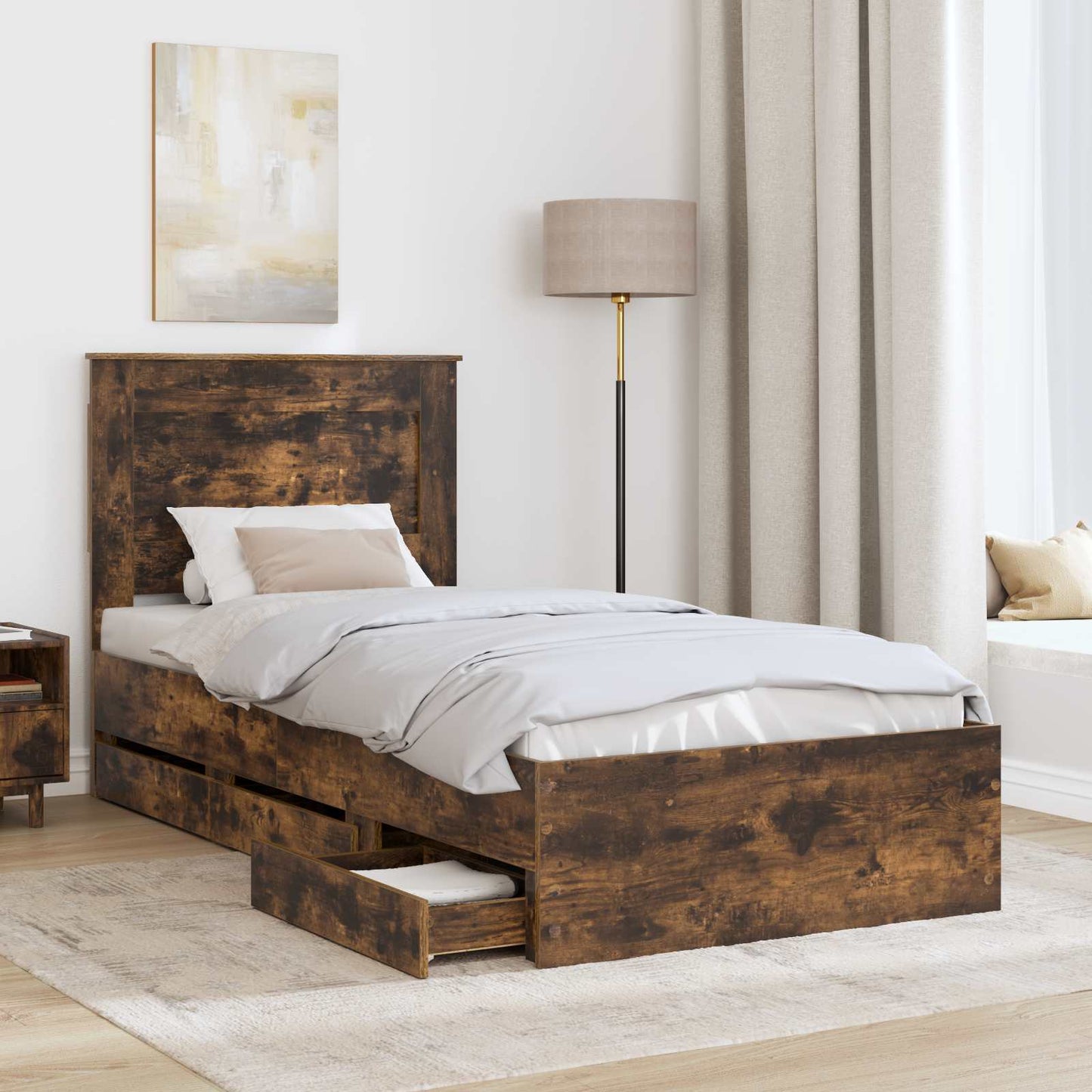 vidaXL Bed Frame with Drawer Smoked Oak 90 x 200 cm Engineer Wood