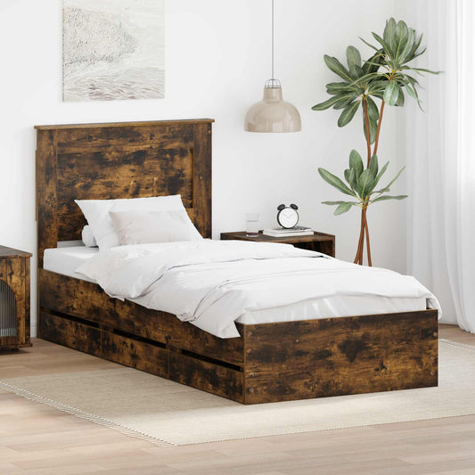 vidaXL Bed Frame with Drawer Smoked Oak 75 x 190 cm Engineer Wood