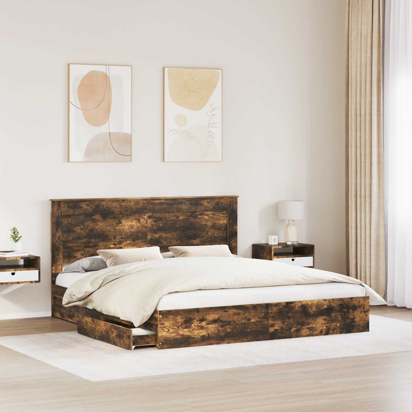 vidaXL Storage Bed with Drawer Smoked Oak 180 x 200 cm Engineered Wood
