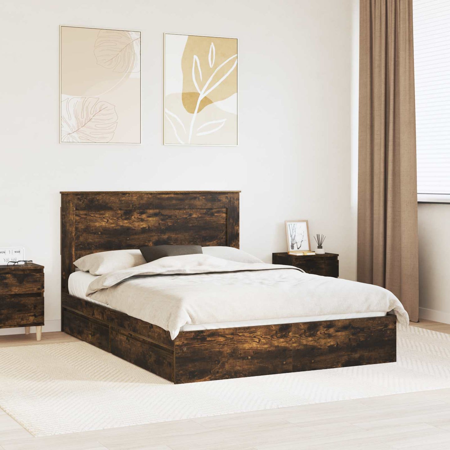 vidaXL Storage Bed with Drawer Smoked Oak 160 x 200 cm Engineered Wood