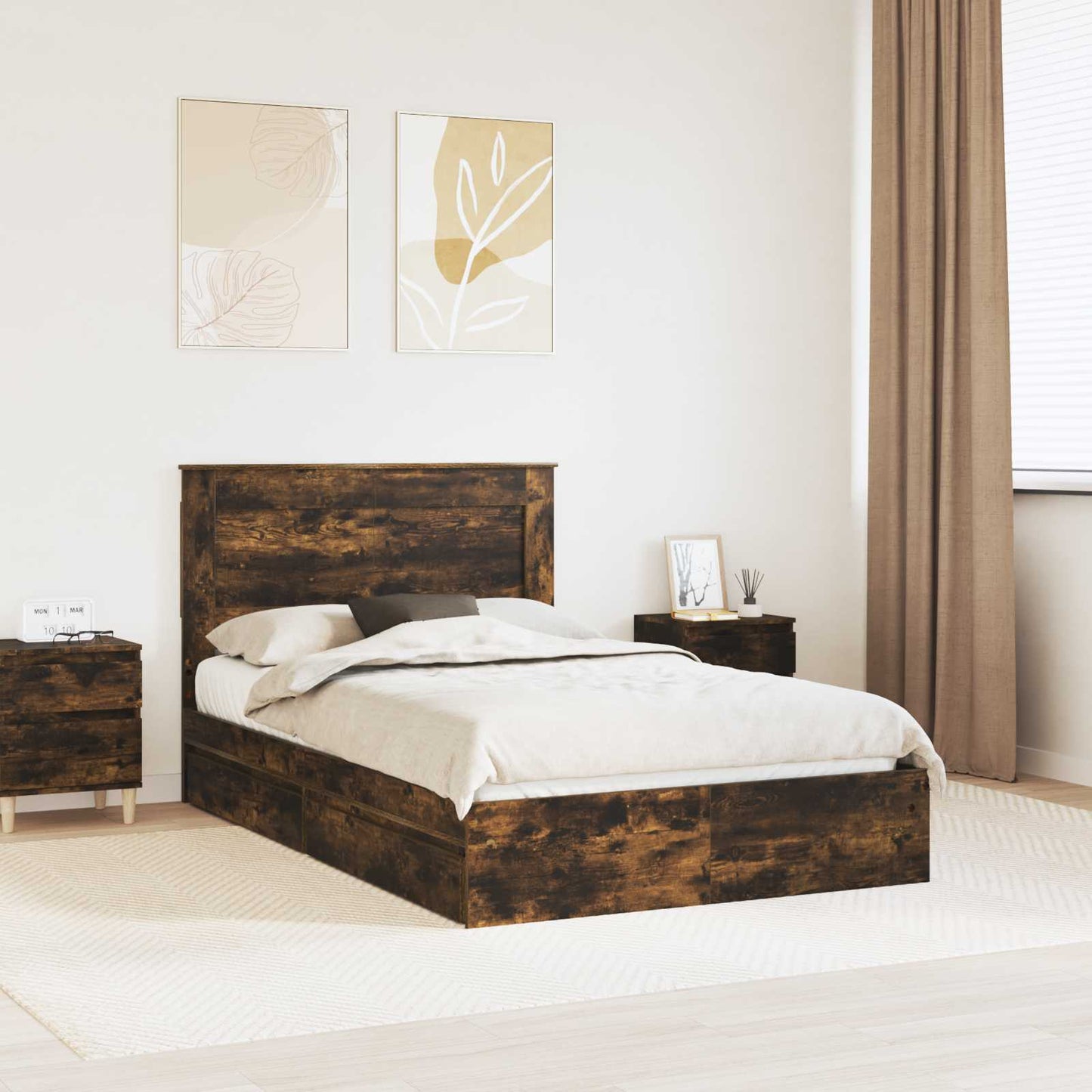 vidaXL Storage Bed with Drawer Smoked Oak 135 x 190 cm Engineered Wood