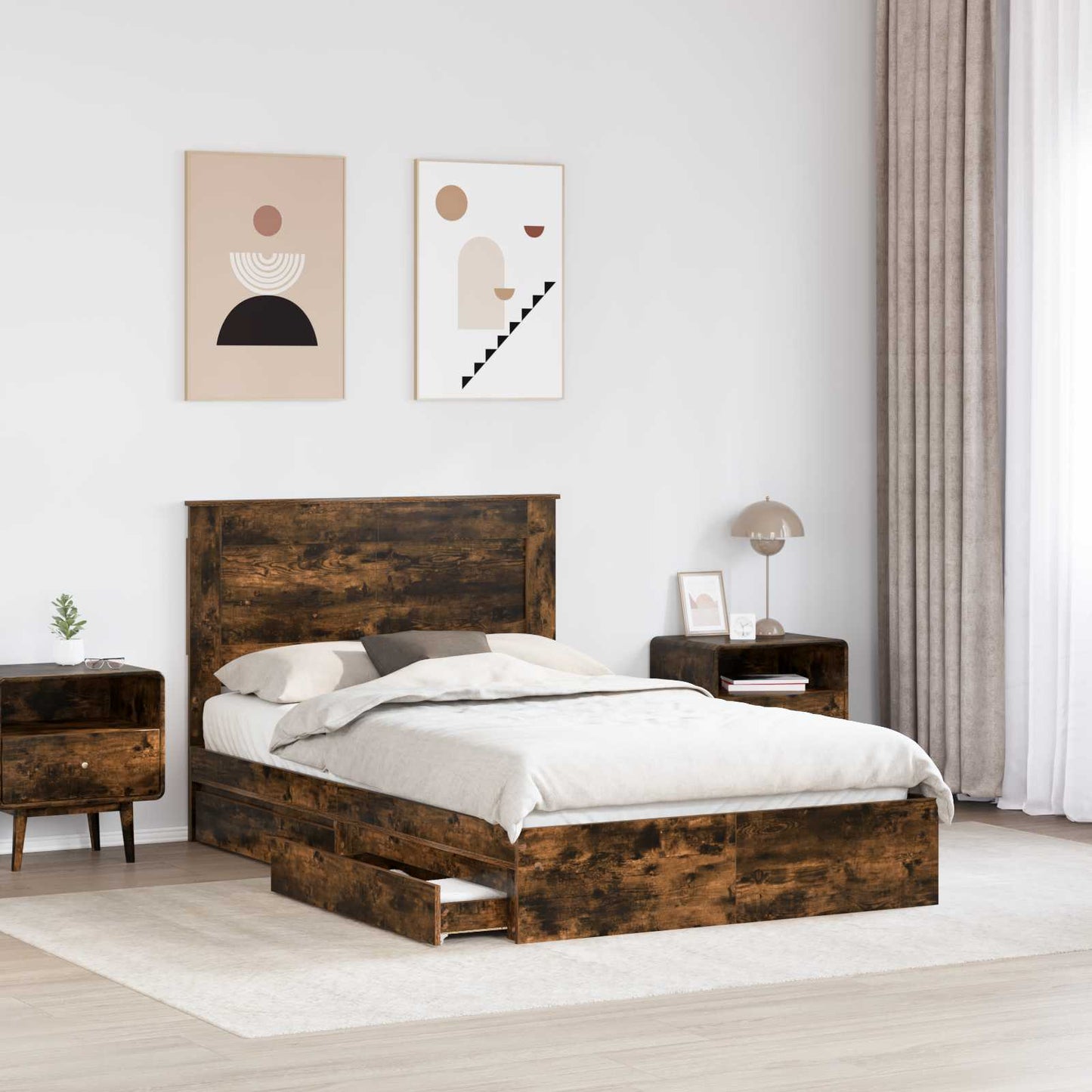 vidaXL Storage Bed with Drawer Smoked Oak 135 x 190 cm Engineered Wood