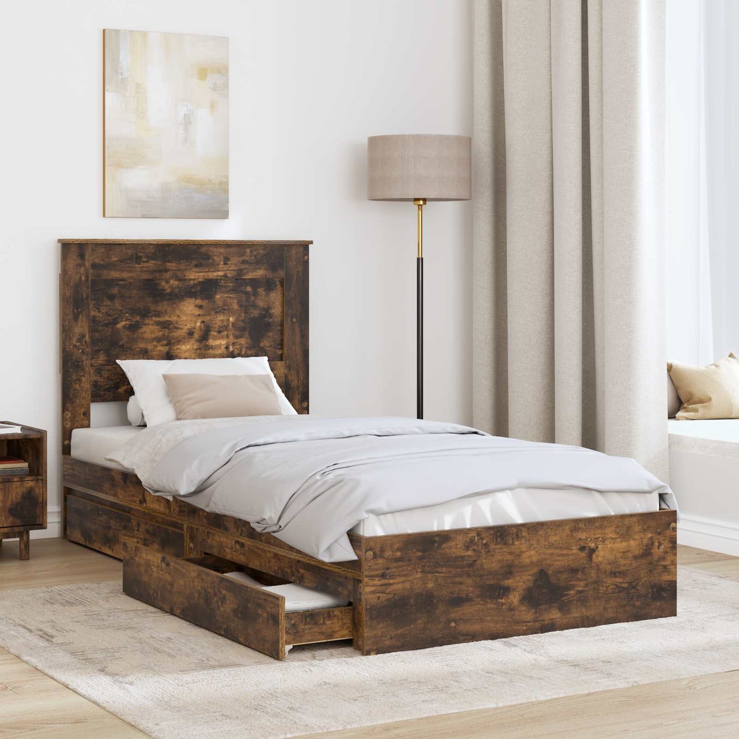 vidaXL Storage Bed with Drawer Smoked Oak 100 x 200 cm Engineered Wood