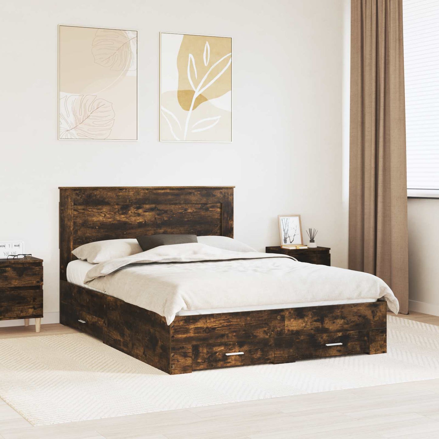 vidaXL Bed Frame with Drawer Smoked Oak 140 x 190 cm Engineered Wood