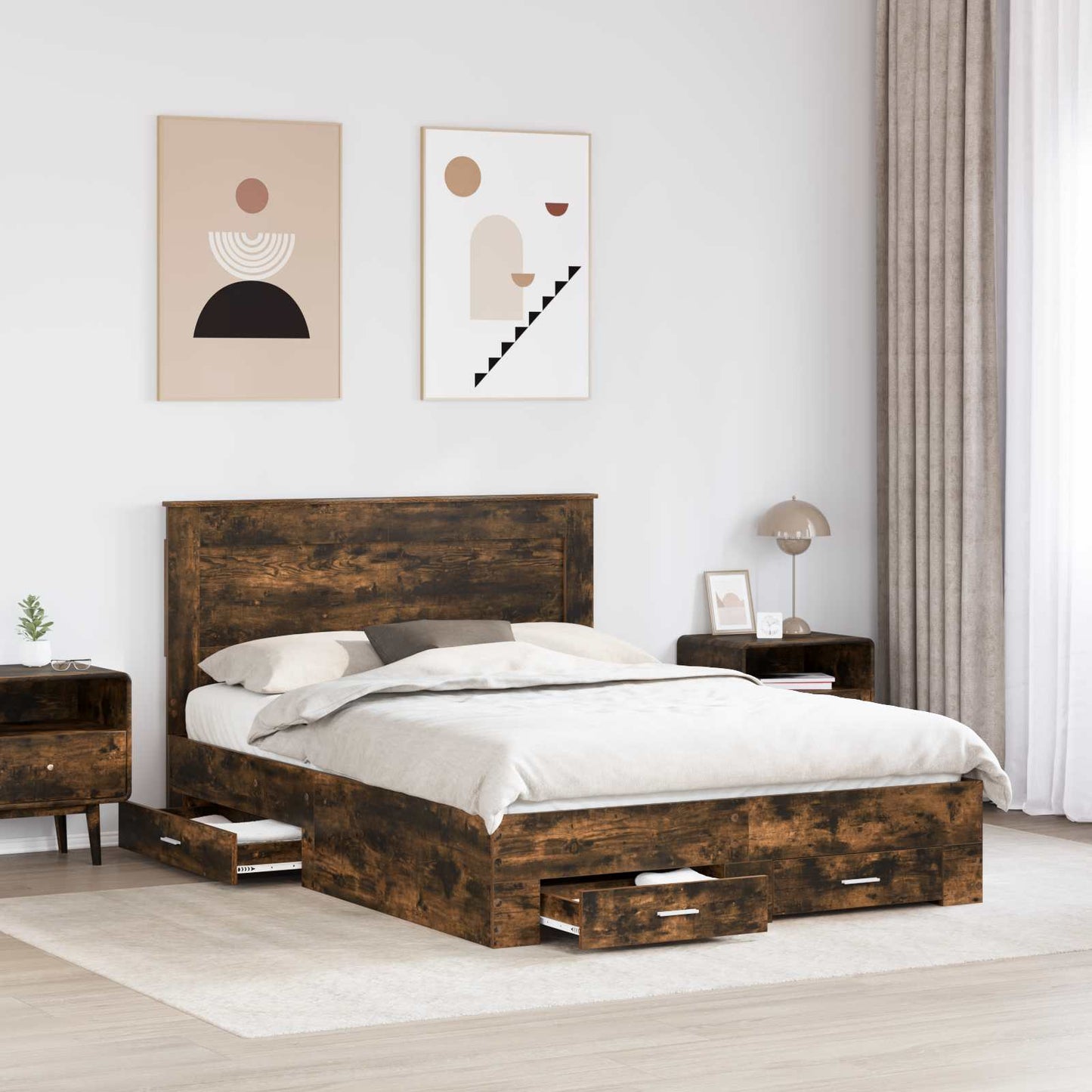 vidaXL Bed Frame with Drawer Smoked Oak 140 x 190 cm Engineered Wood