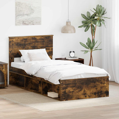 vidaXL Bed Frame with Headboard Smoked Oak 90 x 200 cm Solid Pine Wood