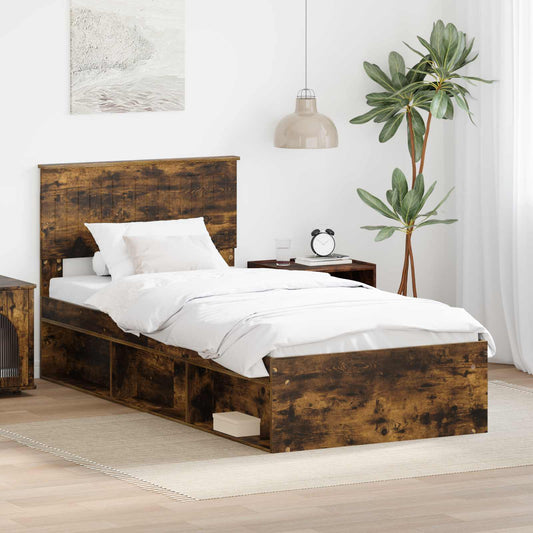 vidaXL Bed Frame with Headboard Smoked Oak 90 x 200 cm Solid Pine Wood