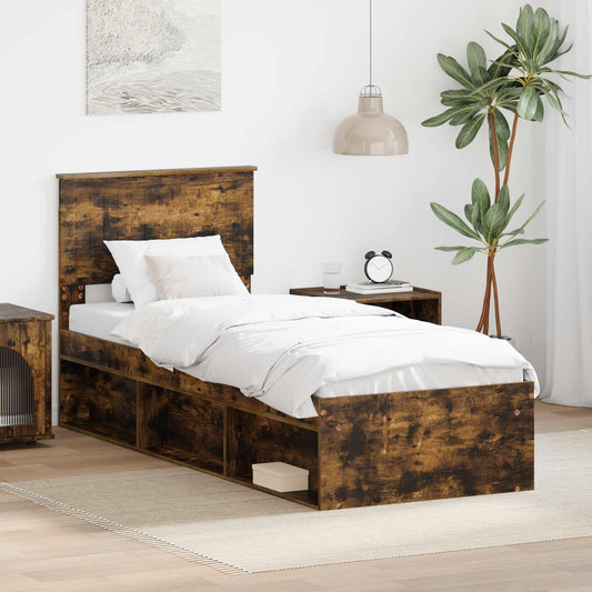 vidaXL Bed Frame with Headboard Smoked Oak 75 x 190 cm Solid Pine Wood