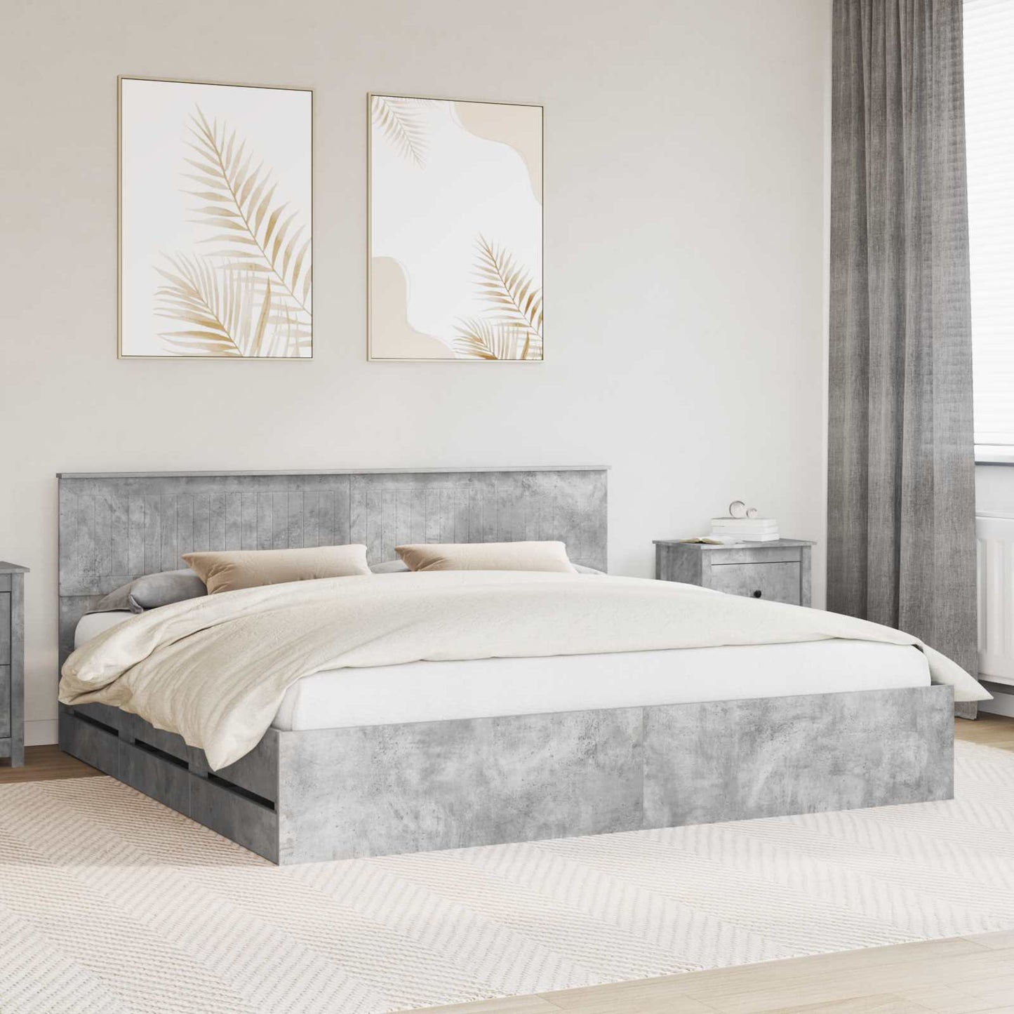 vidaXL Bed Frame with Drawer Concrete Grey 200 x 200 cm Engineer Wood