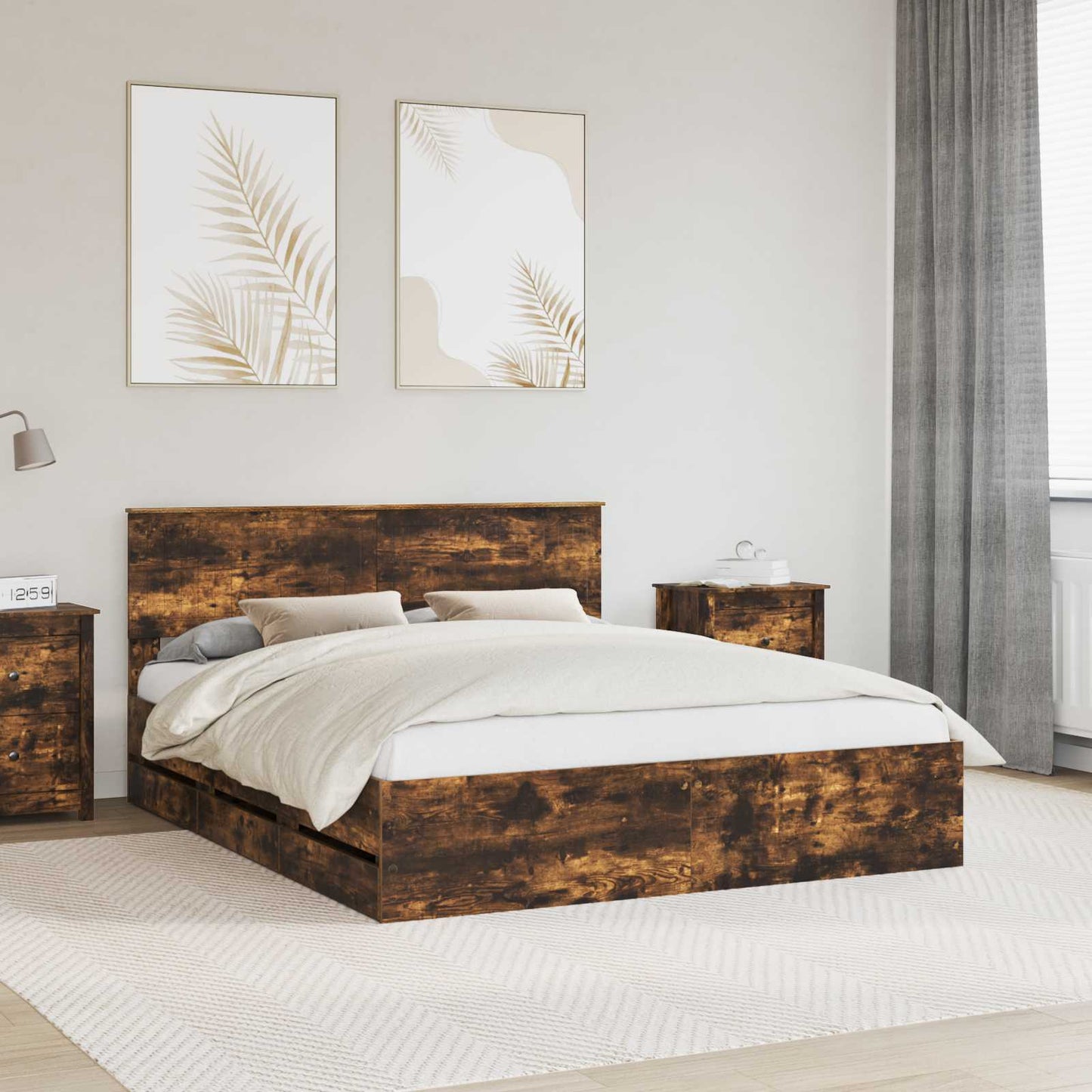 vidaXL Bed Frame with Drawer Smoked Oak 160 x 200 cm Engineer Wood