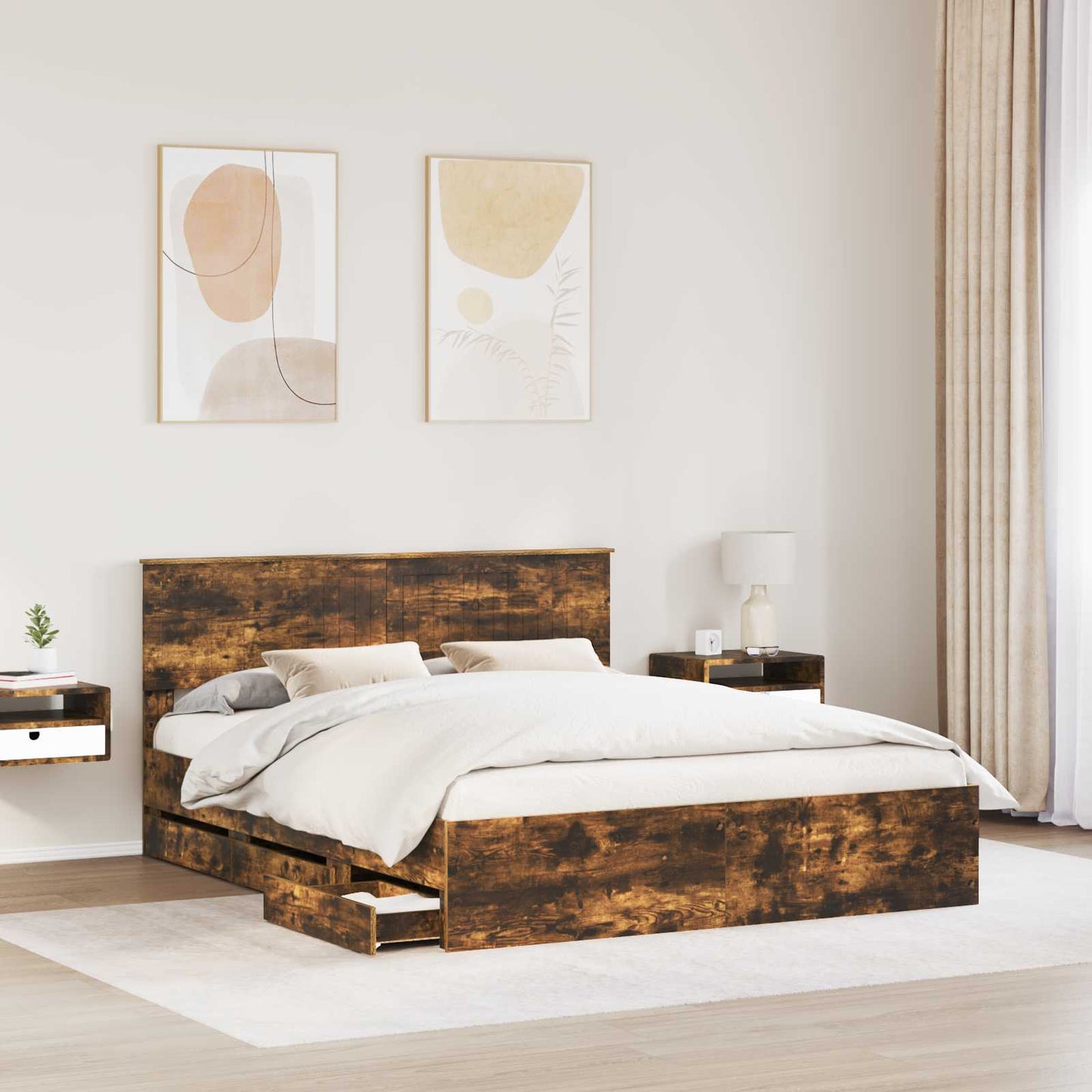 vidaXL Bed Frame with Drawer Smoked Oak 160 x 200 cm Engineer Wood