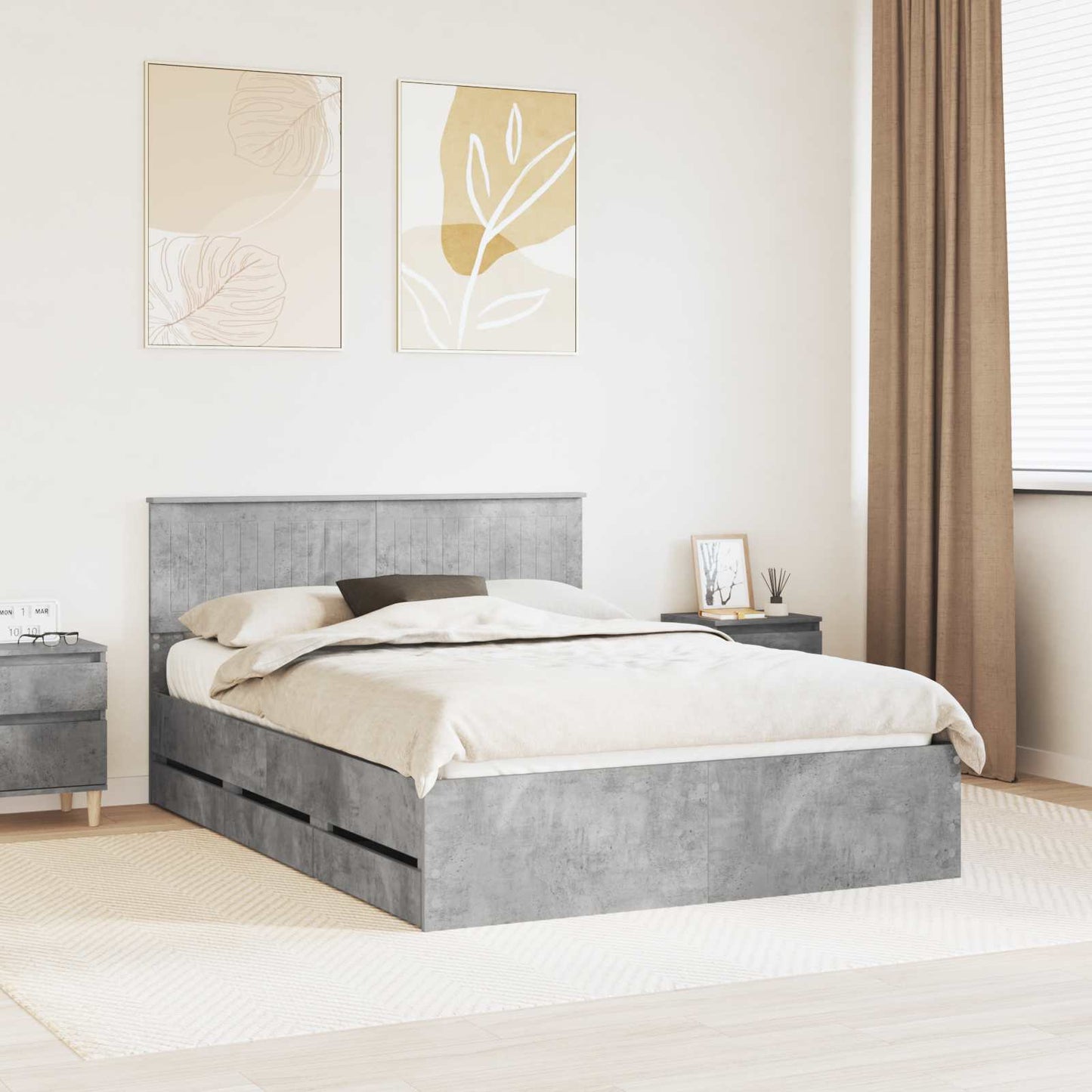 vidaXL Bed Frame with Drawer Concrete Grey 140 x 190 cm Engineer Wood