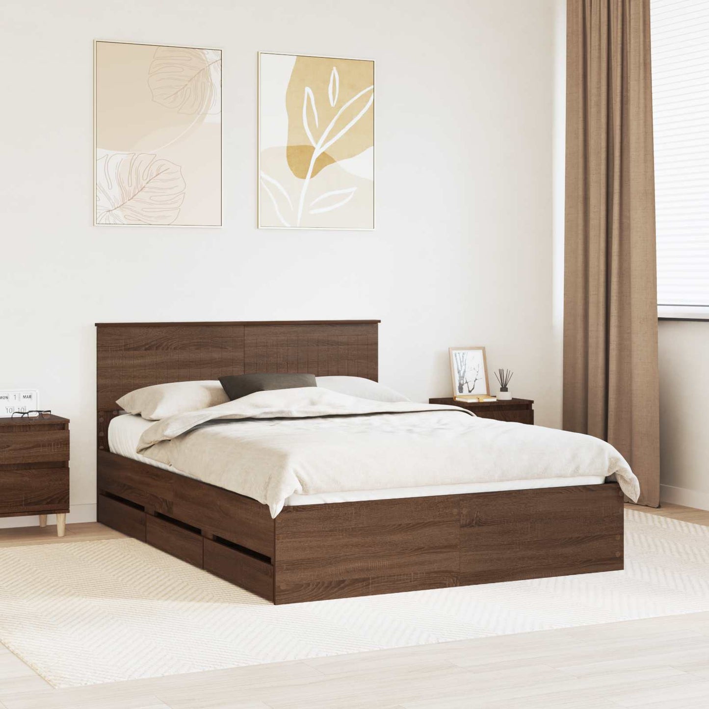 vidaXL Bed Frame with Drawer Brown Oak 135 x 190 cm Engineer Wood