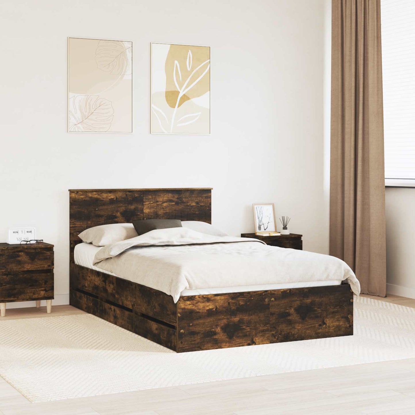 vidaXL Bed Frame with Drawer Smoked Oak 120 x 200 cm Engineer Wood