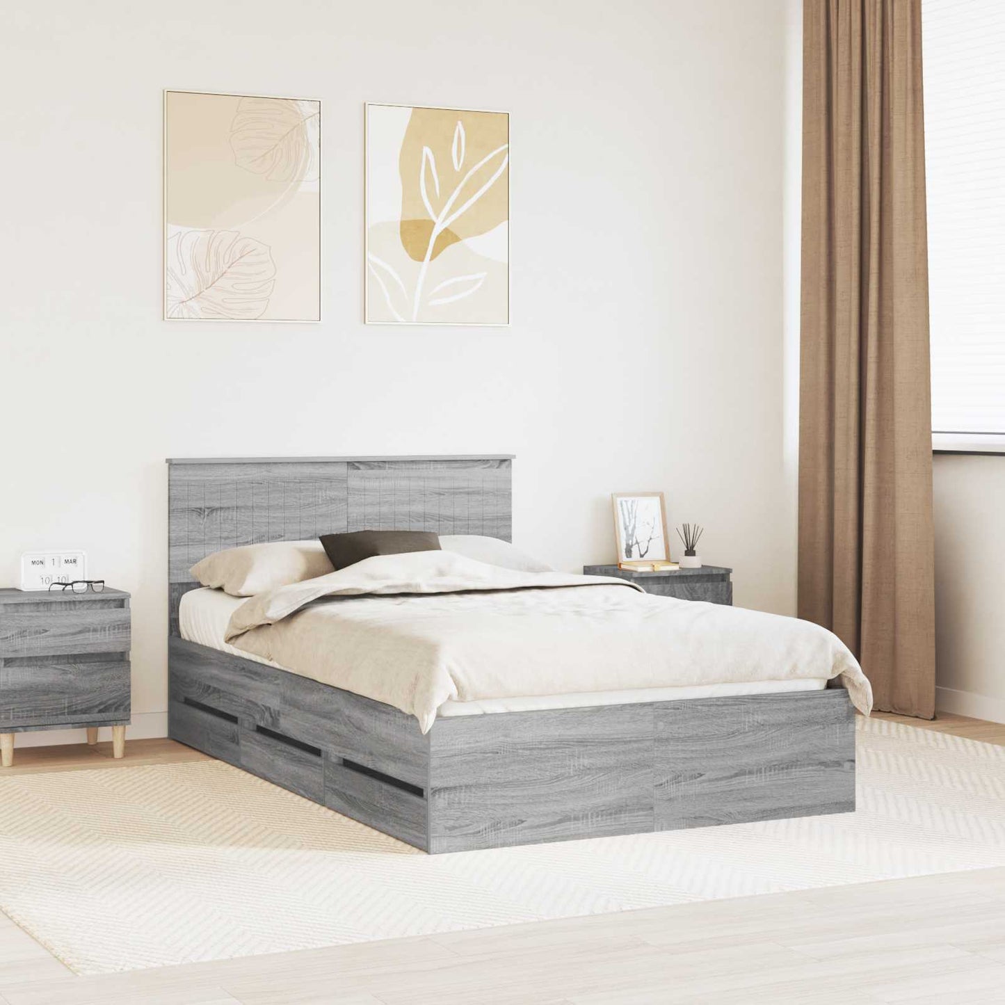 vidaXL Bed Frame with Drawer Grey Sonoma 120 x 190 cm Engineer Wood
