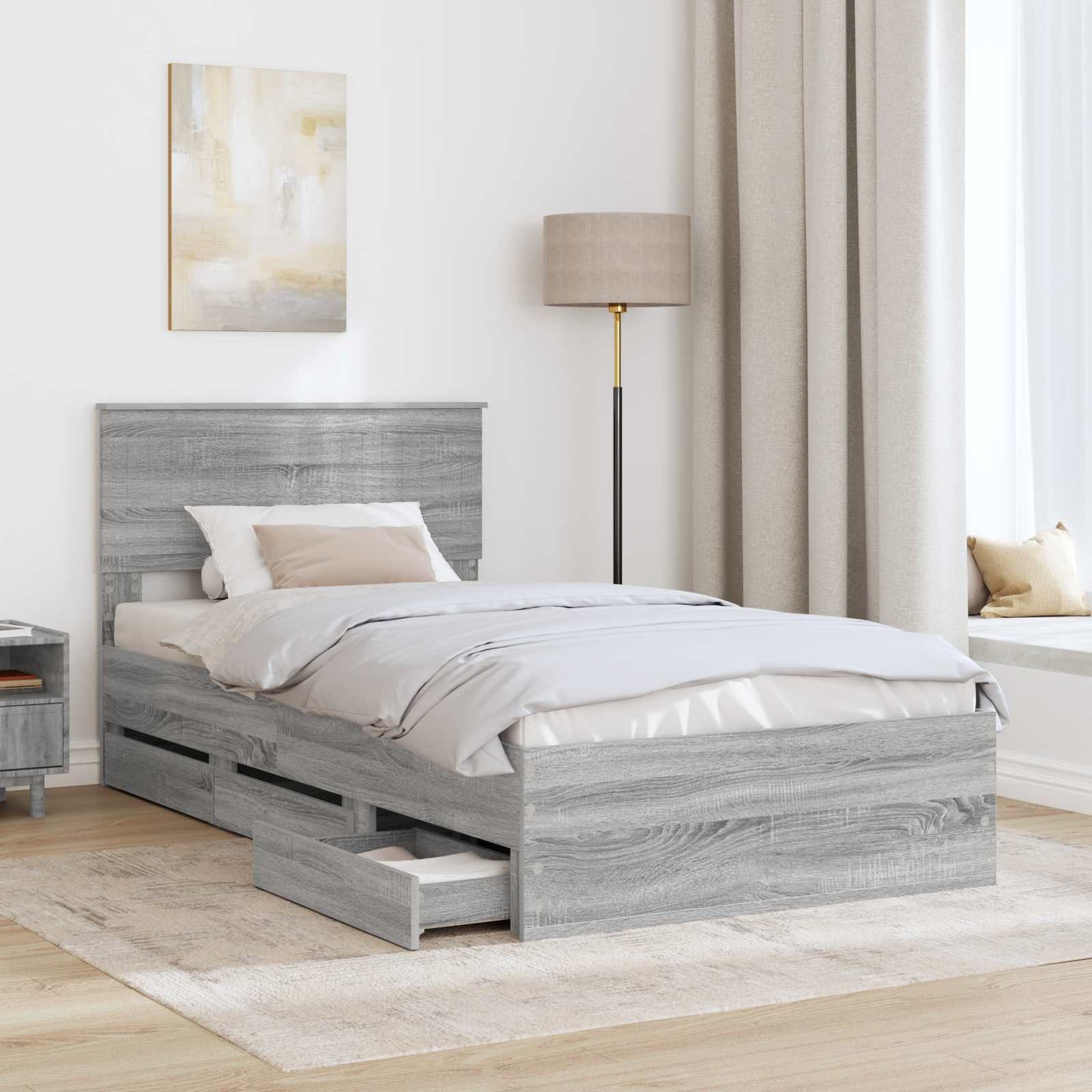 vidaXL Bed Frame with Drawer Grey Sonoma 100 x 200 cm Engineer Wood