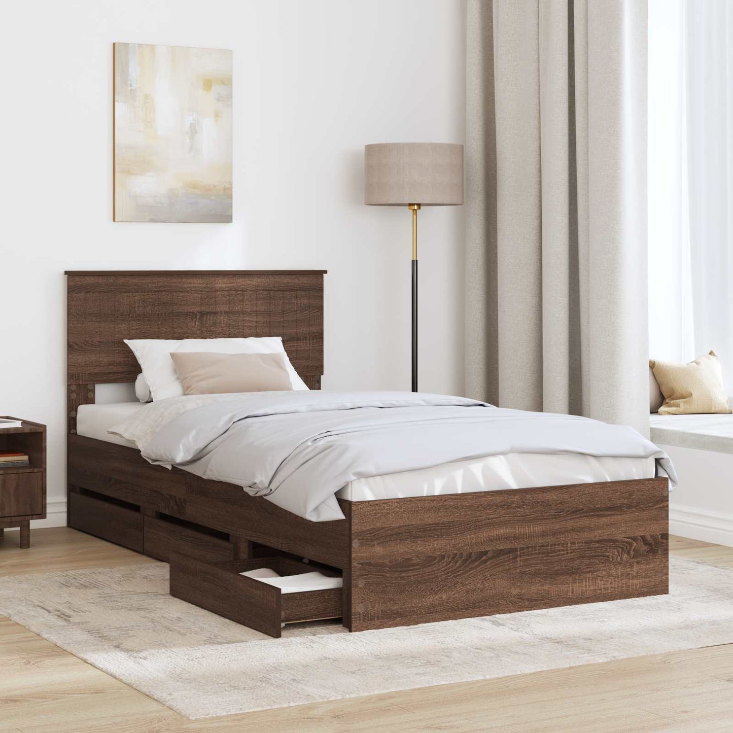 vidaXL Bed Frame with Drawer Brown Oak 100 x 200 cm Engineer Wood
