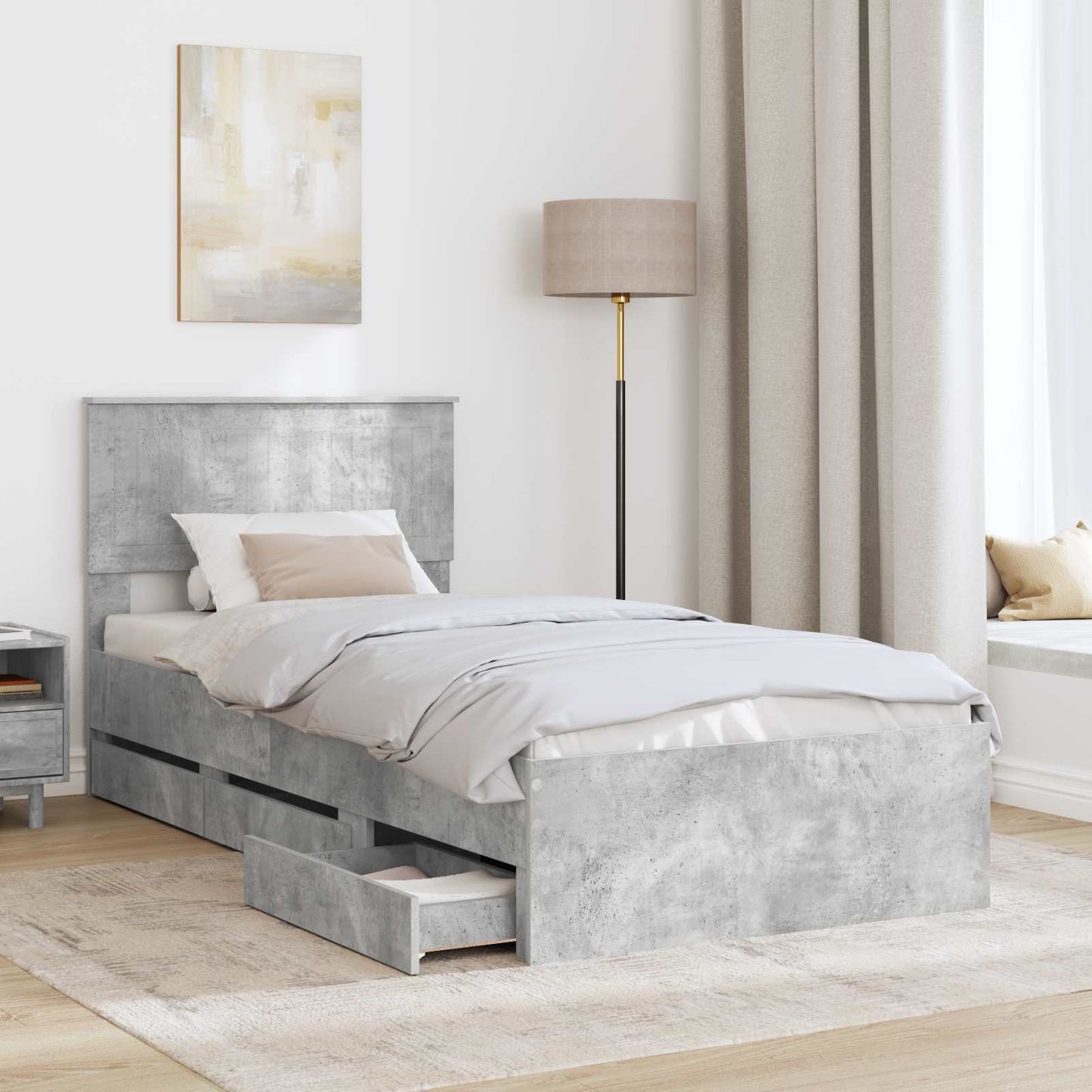 vidaXL Bed Frame with Drawer Concrete Grey 90 x 200 cm Engineer Wood