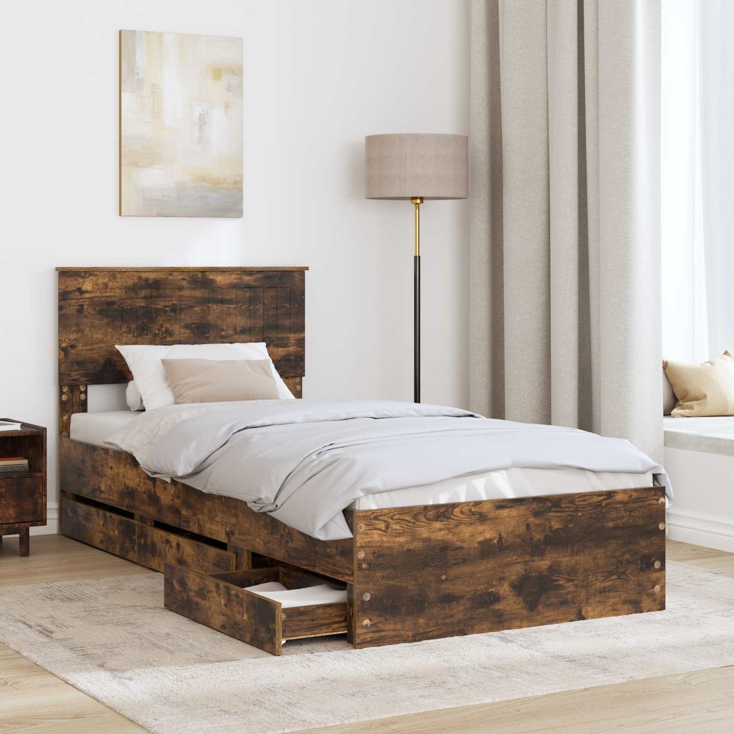vidaXL Bed Frame with Drawer Smoked Oak 90 x 200 cm Engineer Wood