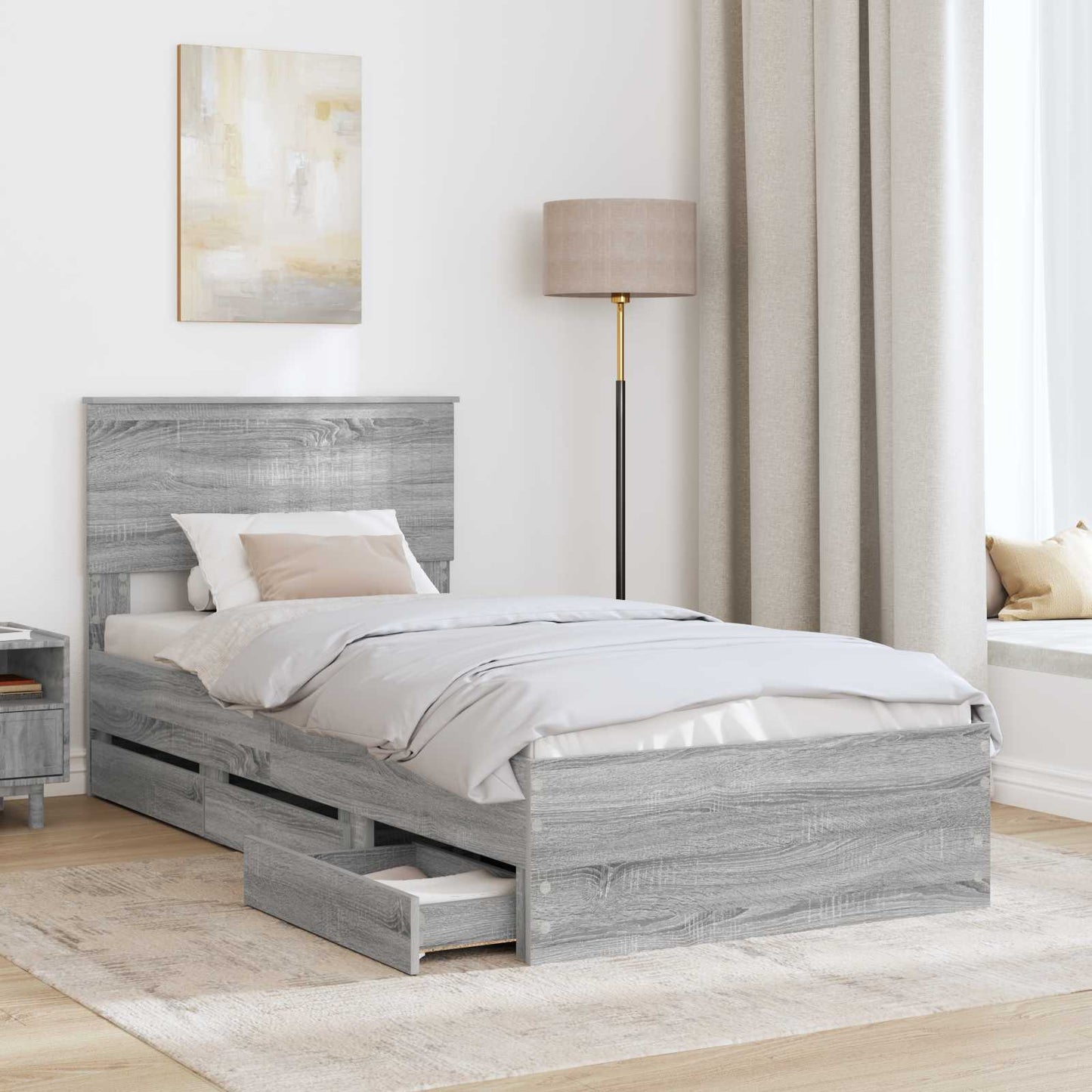 vidaXL Bed Frame with Drawer Grey Sonoma 90 x 190 cm Engineer Wood