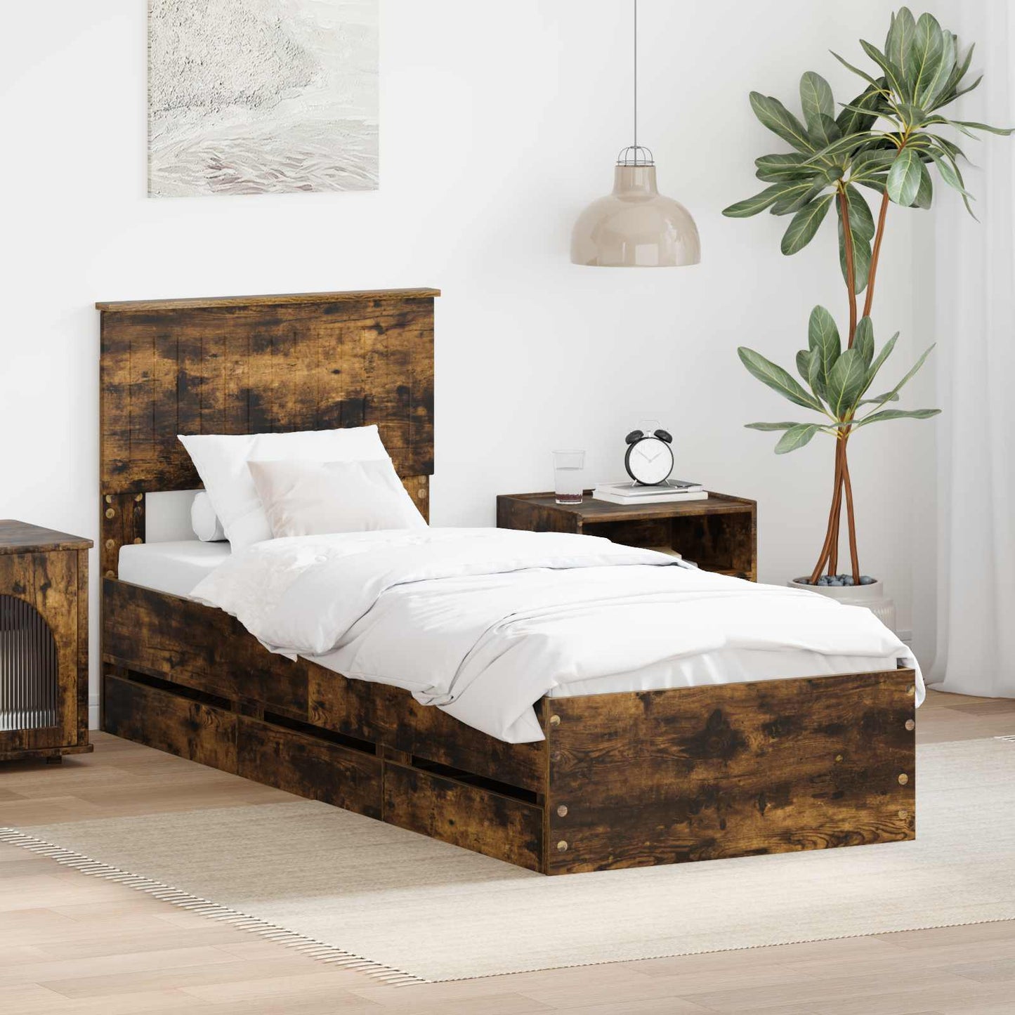 vidaXL Bed Frame with Drawer Smoked Oak 75 x 190 cm Engineer Wood