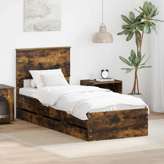 vidaXL Bed Frame with Drawer Smoked Oak 75 x 190 cm Engineer Wood