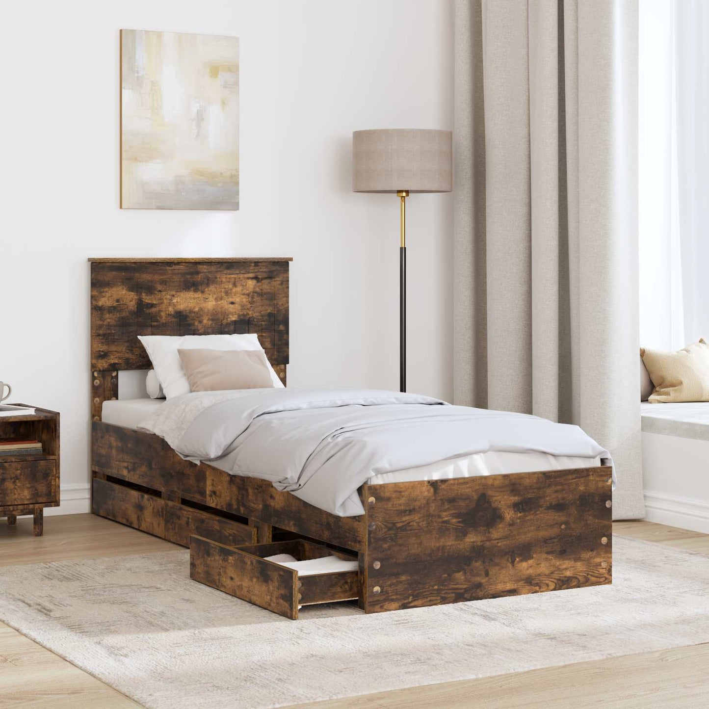 vidaXL Bed Frame with Drawer Smoked Oak 75 x 190 cm Engineer Wood