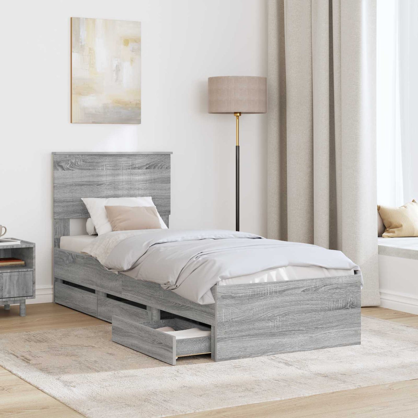 vidaXL Bed Frame with Drawer Grey Sonoma 75 x 190 cm Engineer Wood