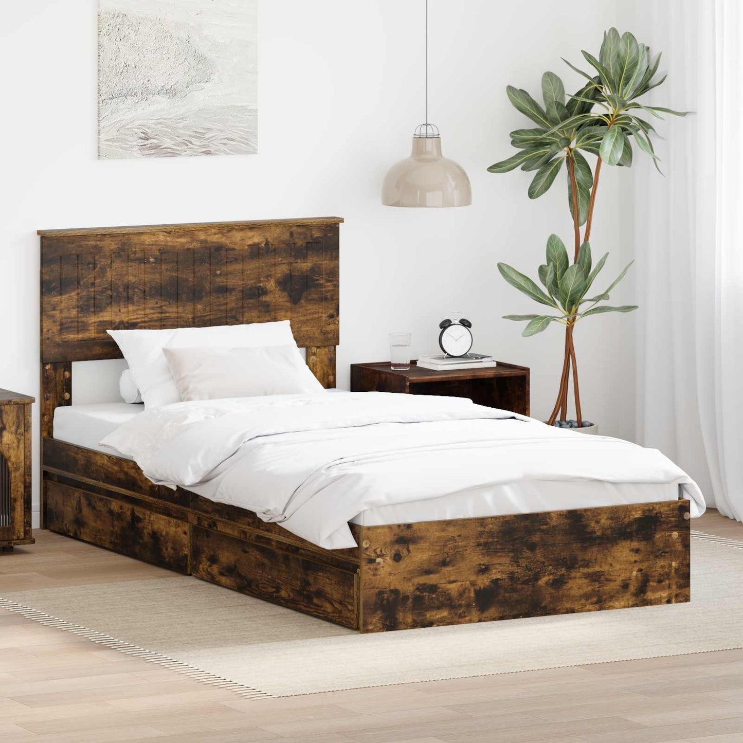 vidaXL Storage Bed with Drawer Smoked Oak 100 x 200 cm Engineered Wood