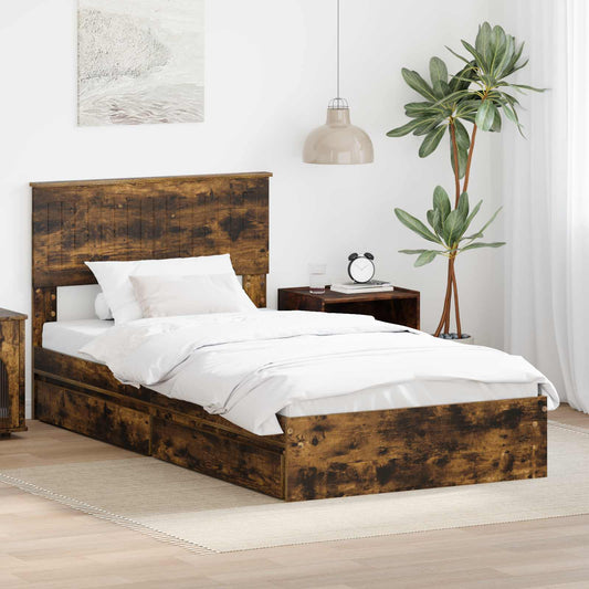 vidaXL Storage Bed with Drawer Smoked Oak 100 x 200 cm Engineered Wood