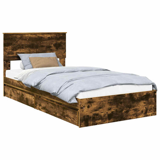 vidaXL Storage Bed with Drawer Smoked Oak 100 x 200 cm Engineered Wood