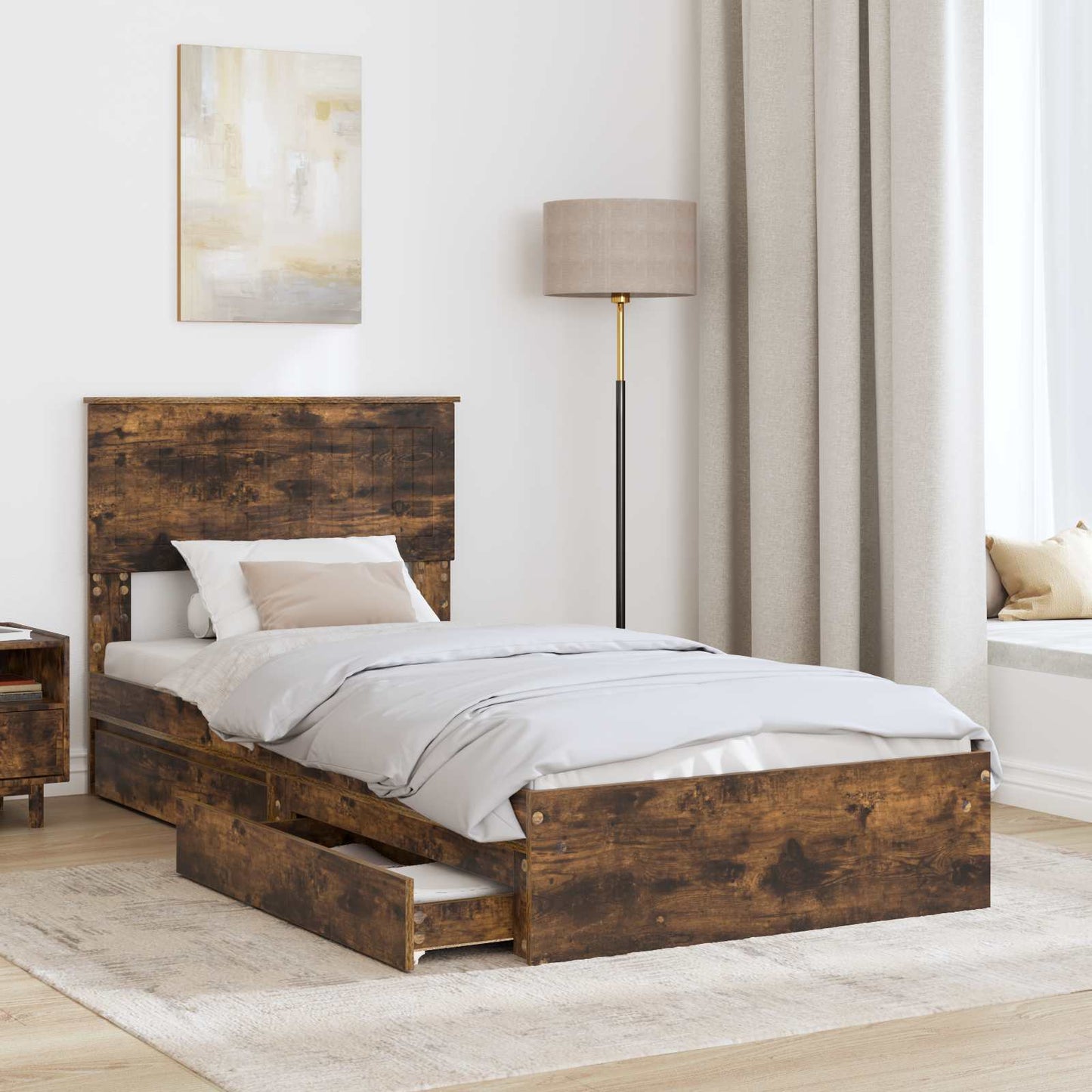 vidaXL Storage Bed with Drawer Smoked Oak 90 x 190 cm Engineered Wood