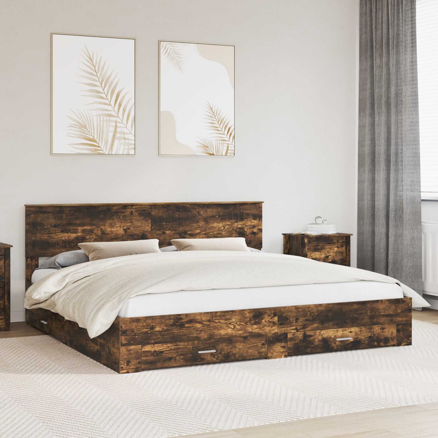 vidaXL Bed Frame with Drawer Smoked Oak 200 x 200 cm Engineered Wood