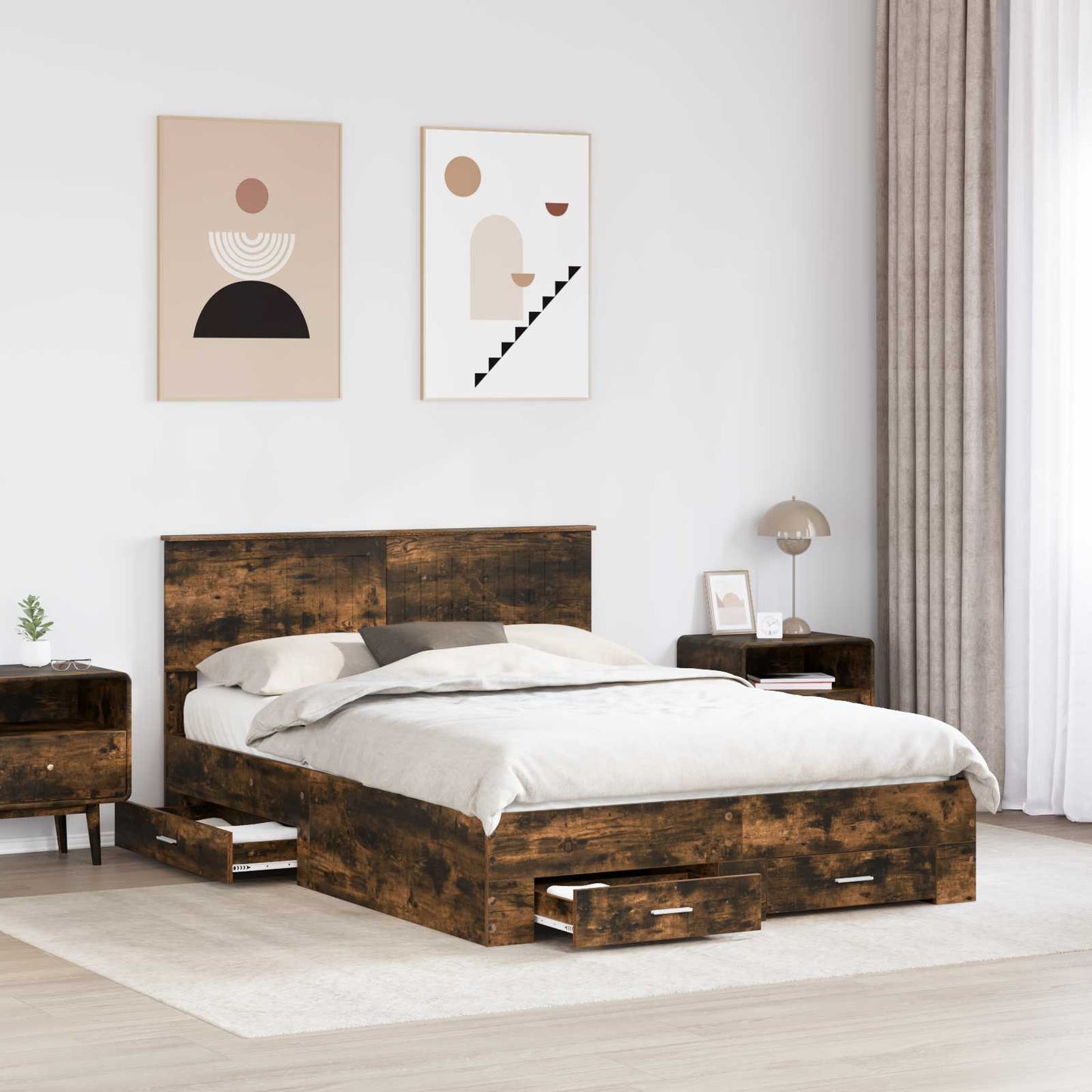 vidaXL Bed Frame with Drawer Smoked Oak 140 x 200 cm Engineered Wood