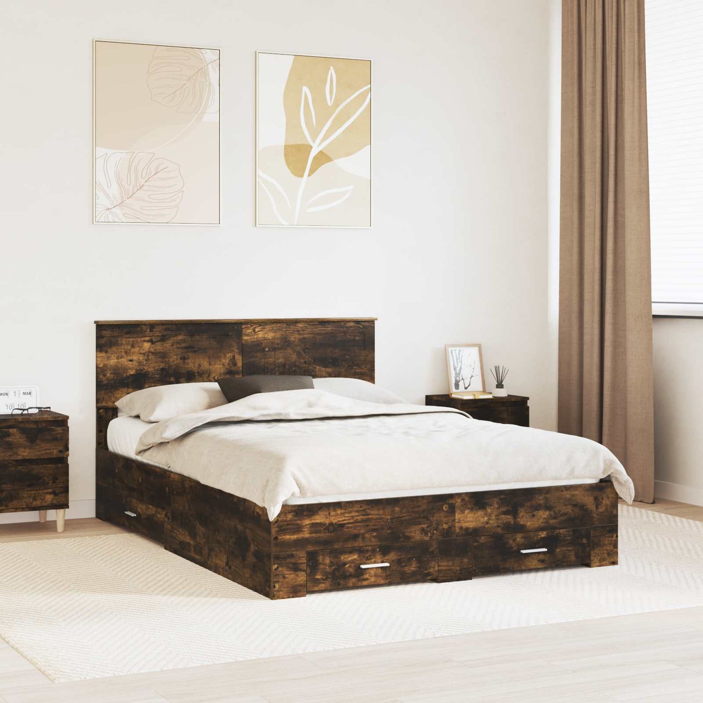 vidaXL Bed Frame with Drawer Smoked Oak 140 x 190 cm Engineered Wood