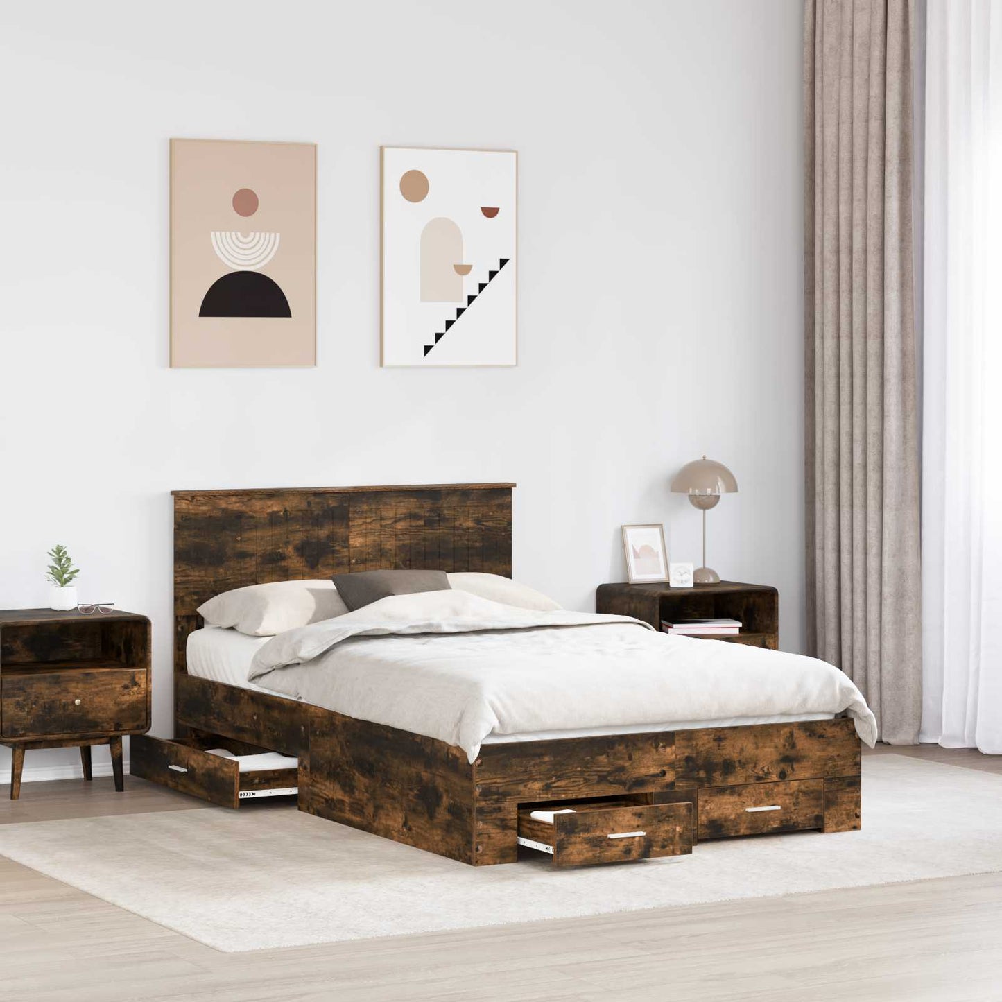 vidaXL Bed Frame with Drawer Smoked Oak 120 x 190 cm Engineered Wood