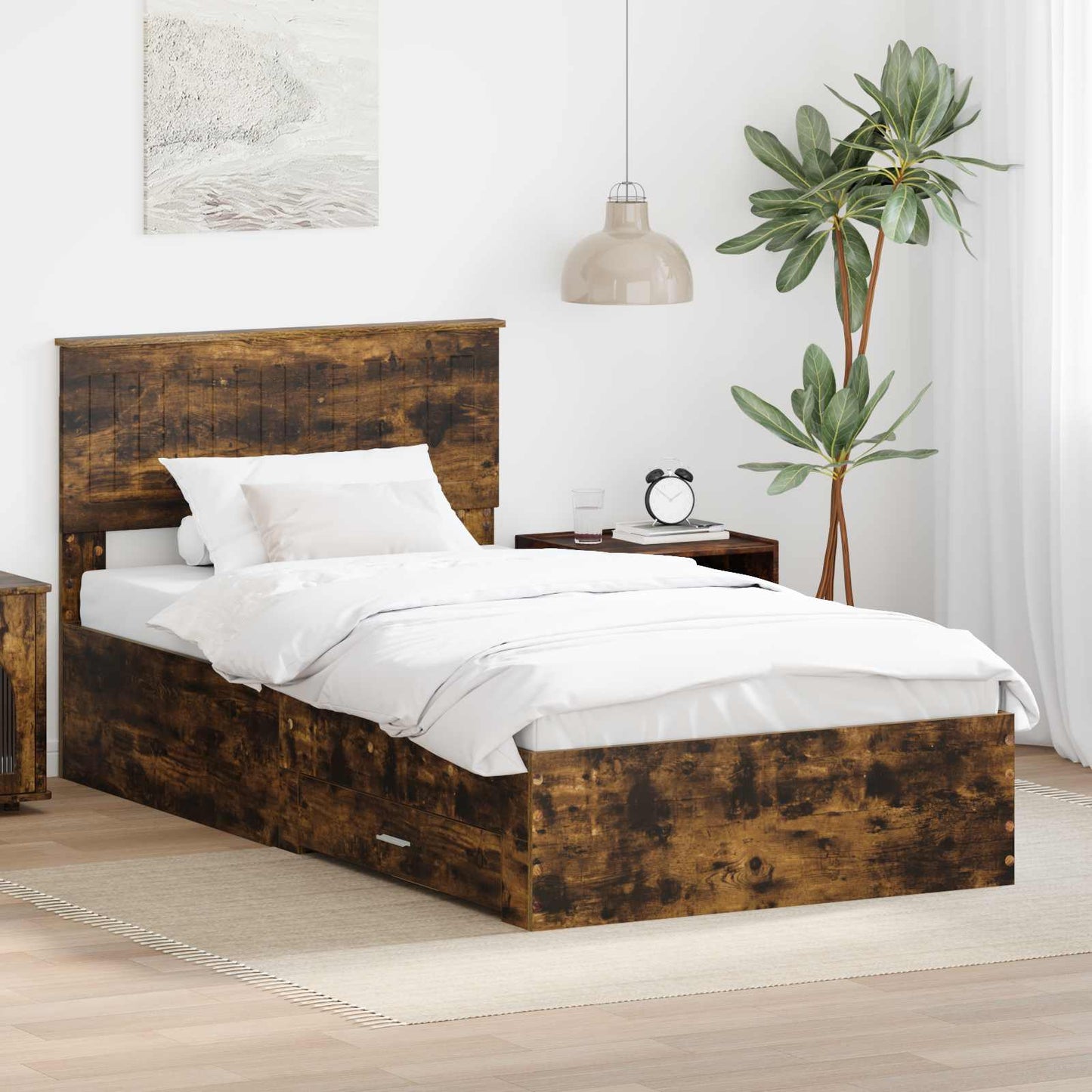 vidaXL Bed Frame with Drawer Smoked Oak 100 x 200 cm Engineered Wood