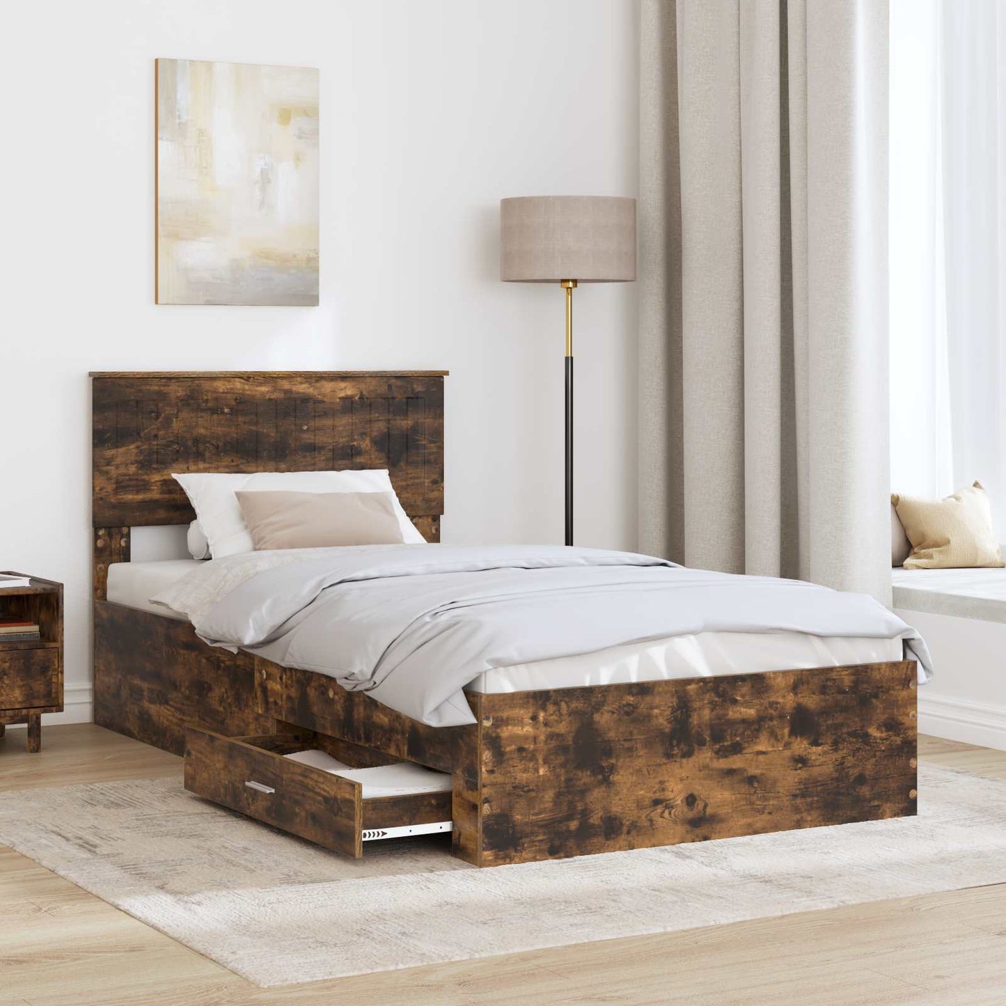 vidaXL Bed Frame with Drawer Smoked Oak 100 x 200 cm Engineered Wood