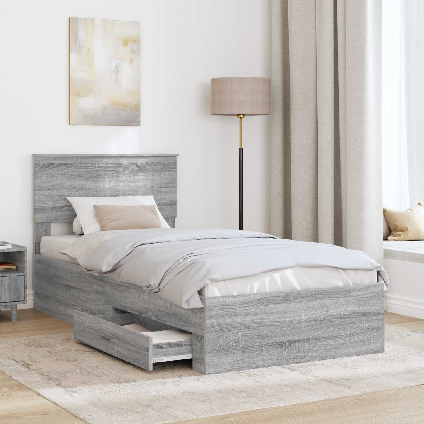 vidaXL Bed Frame with Drawer Grey Sonoma 90 x 190 cm Engineered Wood