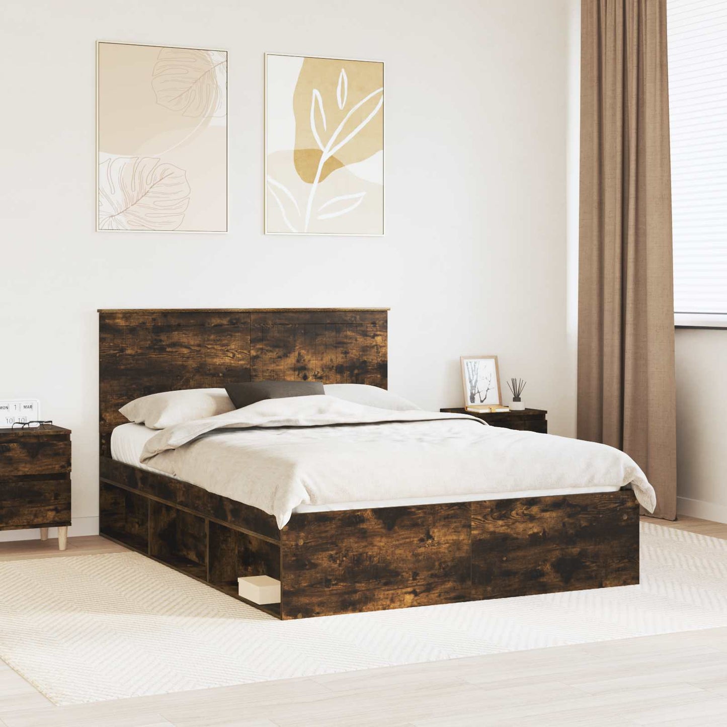 vidaXL Bed Frame Smoked Oak 135 x 190 cm Solid Pine Wood